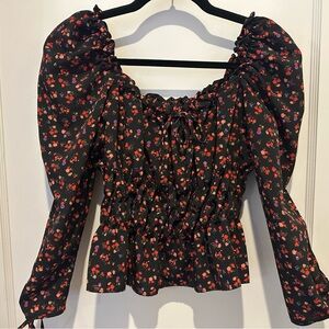 Topshop Floral Black Puff Sleeve Top with tie wrist detail - size US 4